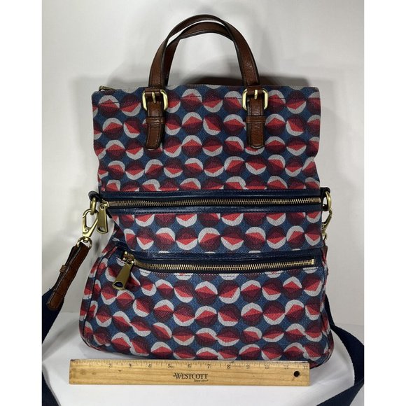 Fossil Explorer Geometric Fabric with Leather Trim Crossbody Shoulder Bag - Picture 10 of 12